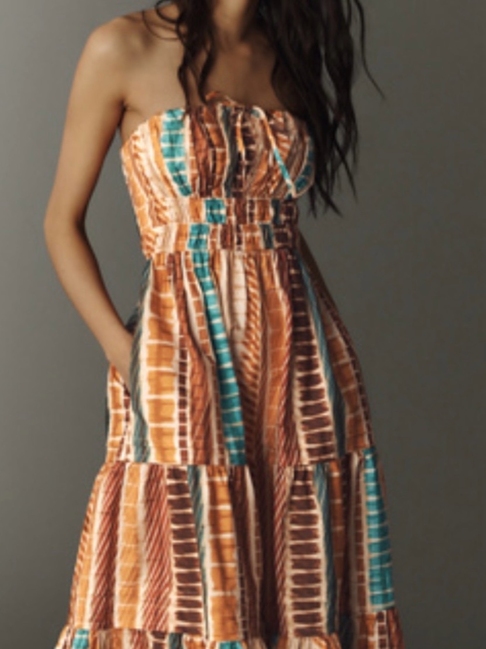 Anthropologie Somerset Strapless Maxi Dress in Teal & Brown